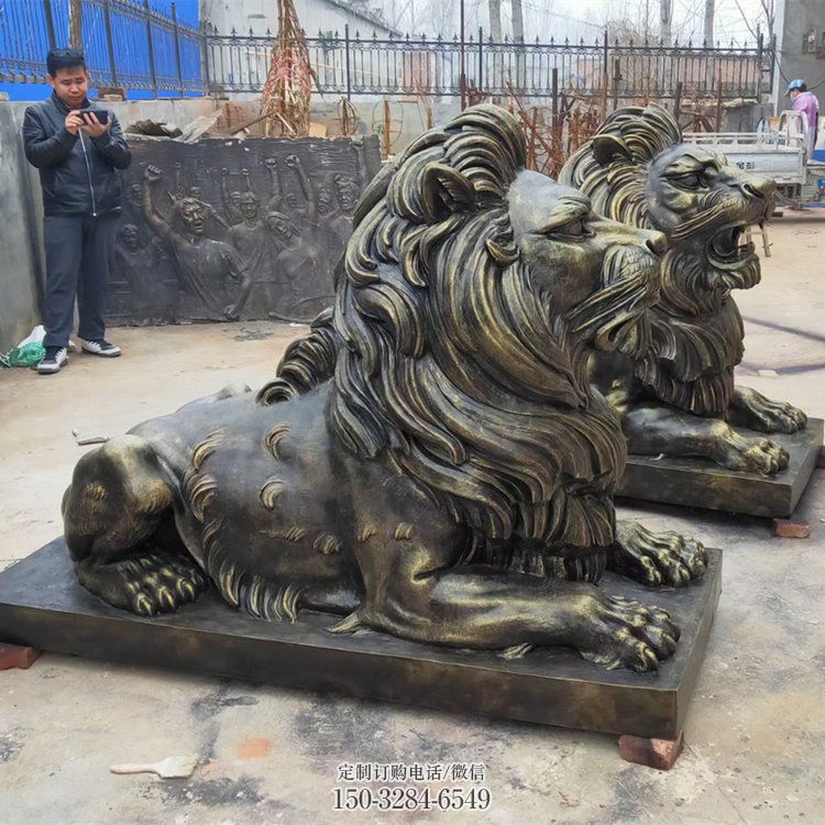 朔州大型趴狮雕塑，仿铜动物雕塑，玻璃钢狮子雕塑制作
